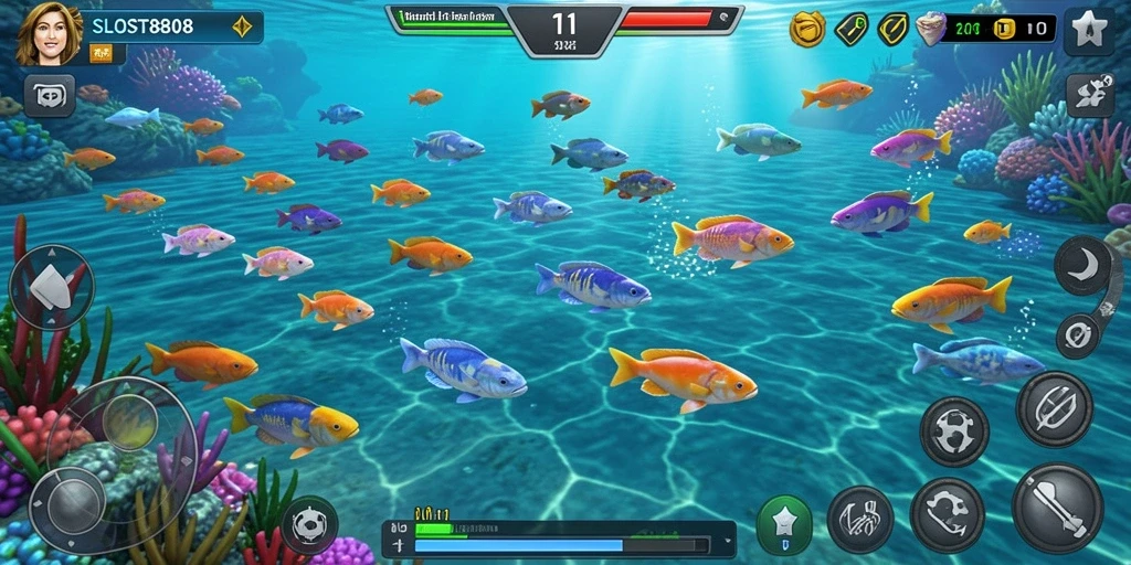 Screenshot gameplay SLOST8808 menampilkan aksi seru berburu ikan.